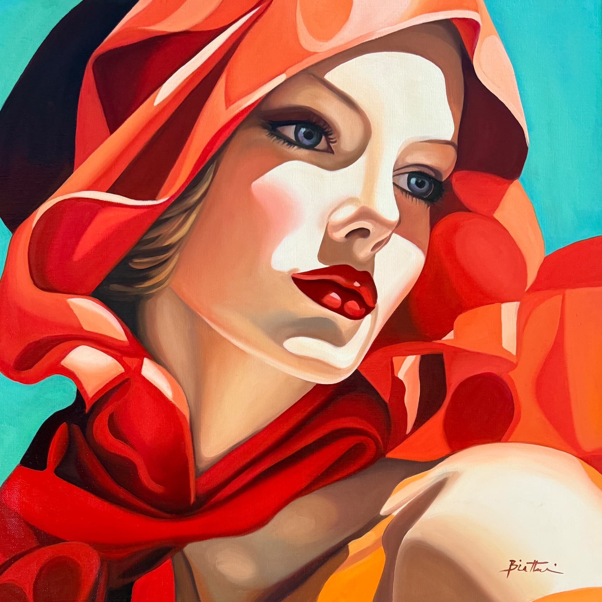 Femme au Foulard Rouge 3 — Huile sur toile, 50 × 50 cm, cadre blanc